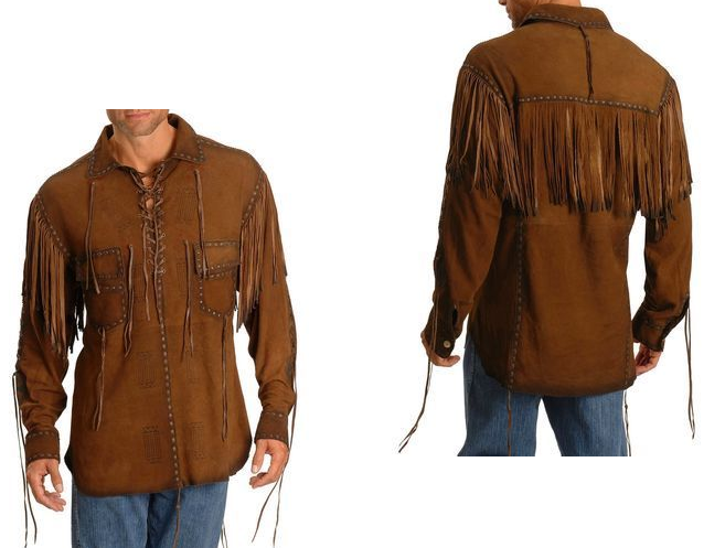 Men's Brown Buckskin Suede Leather Mountain Man Fringe Pullover Shirt MMS108