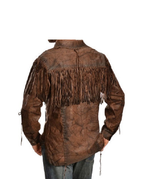 Men's Brown Buckskin Leather Hide Mountain Man Fringe Pullover Shirt MMS109