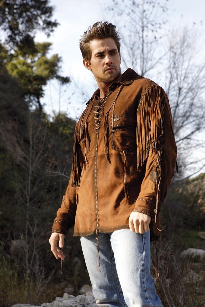 Men's Brown Buckskin Suede Leather Mountain Man Fringe Pullover Shirt MMS113