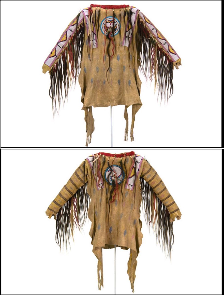 Two views of a Native American headdress with fringes on a white background