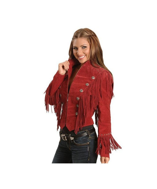 American Woman's Western Fringe Red Suede Leather Jacket WRJ696