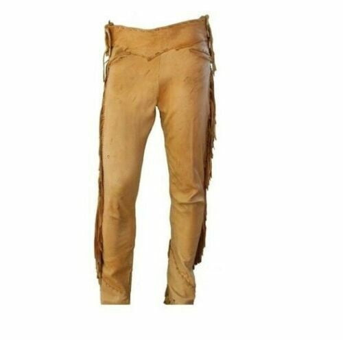 Men's New Tan Brown Buckskin leather Western Fringe Pants Ragged WLP26