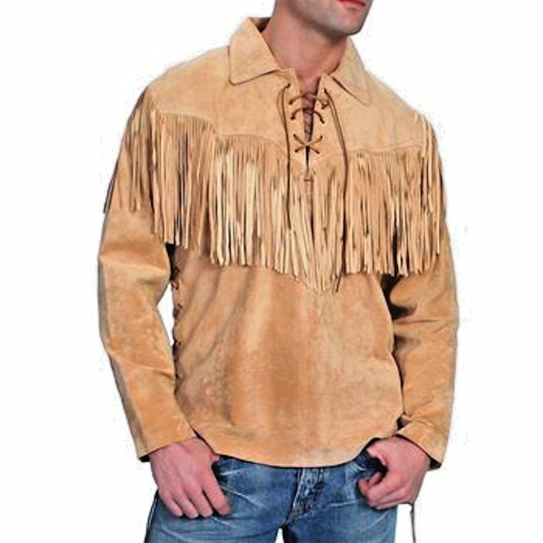 Men's Beige Buckskin Suede Leather Mountain Man Fringe Pullover Shirt MMS133