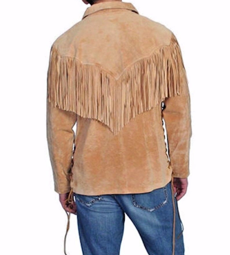 Men's Beige Buckskin Suede Leather Mountain Man Fringe Pullover Shirt MMS133