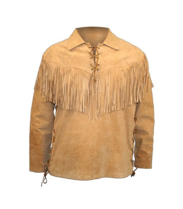 Men's Beige Buckskin Suede Leather Mountain Man Fringe Pullover Shirt MMS133