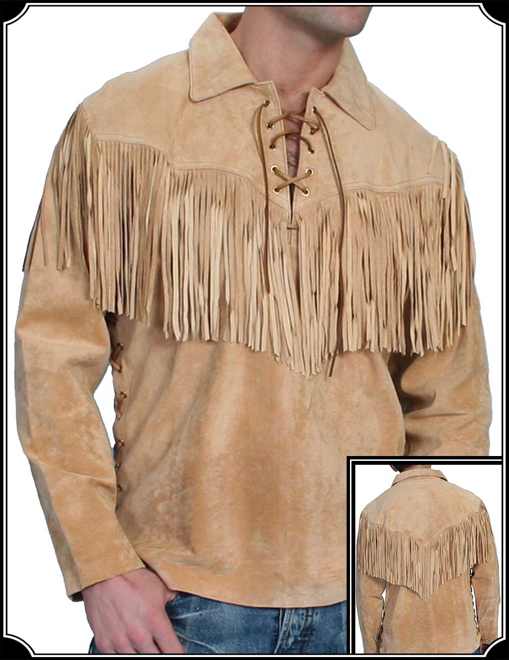 Men's Beige Buckskin Suede Leather Mountain Man Fringe Pullover Shirt MMS133