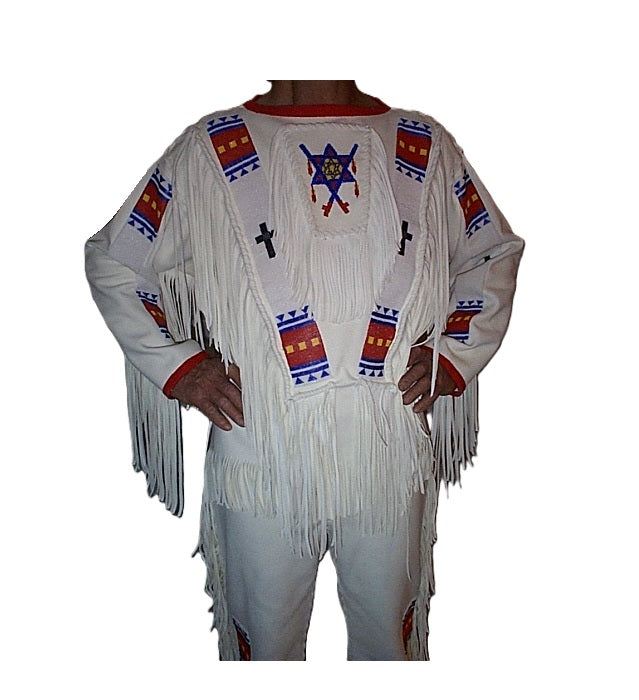 Native American White Buckskin Beaded Shirt and Pant Outfit for Men NSP39