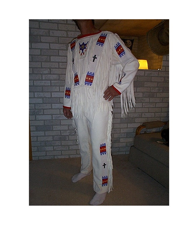 Native American White Buckskin Beaded Shirt and Pant Outfit for Men NSP39