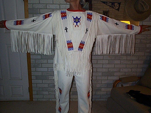 Native American White Buckskin Beaded Shirt and Pant Outfit for Men NSP39