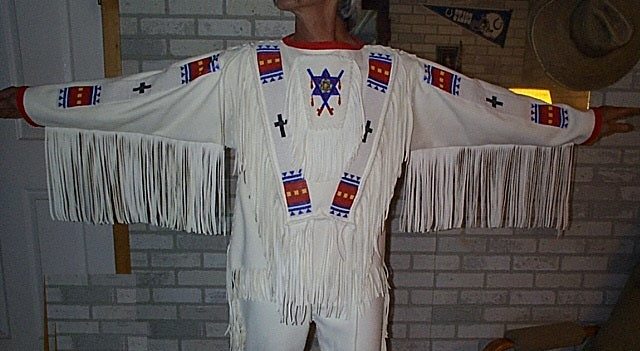 Native American White Buckskin Beaded Shirt and Pant Outfit for Men NSP39