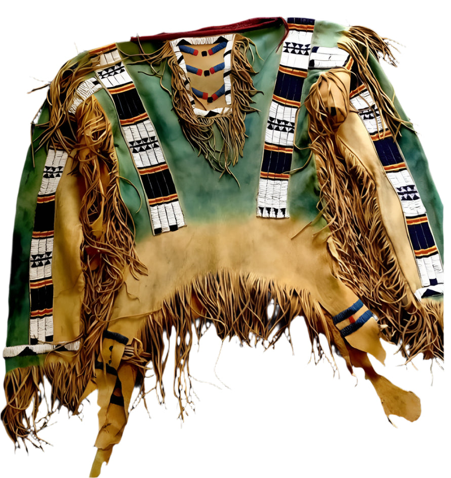 Traditional Native American headdress with intricate patterns and fringes on a dark background
