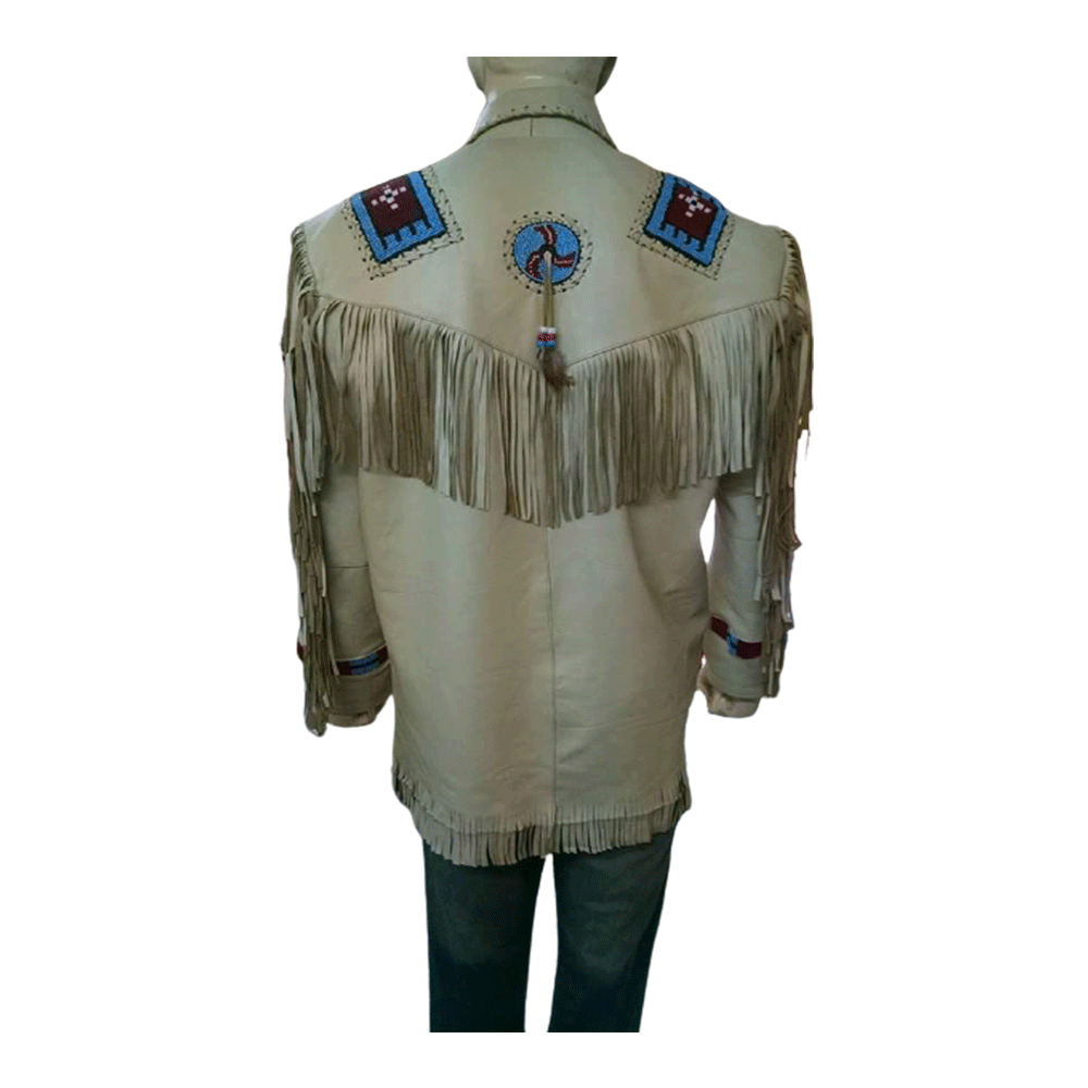 Native American Beaded Beige Leather Jacket for Men PWJ2180