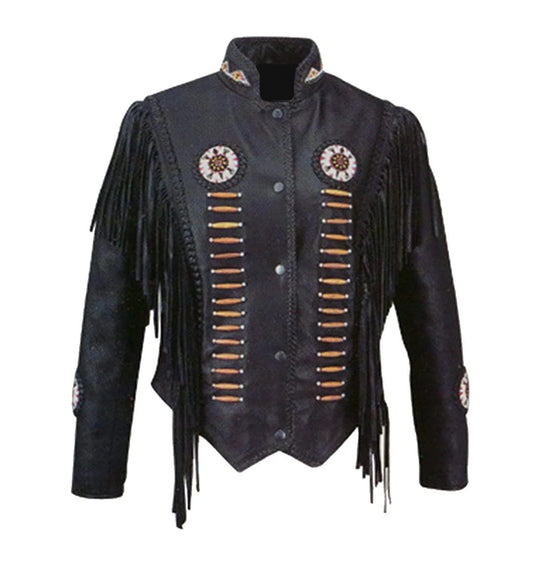 American Woman's Western Fringe Black Leather Jacket WRJ490
