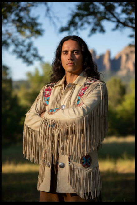 Native American Inspired Bison Head Beaded Beige Leather Jacket for Men PWJ1206