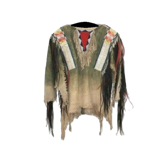Traditional poncho with fringe details on a white background
