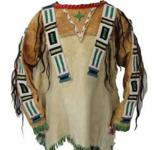 Traditional Native American garment with intricate patterns and fringes on a white background