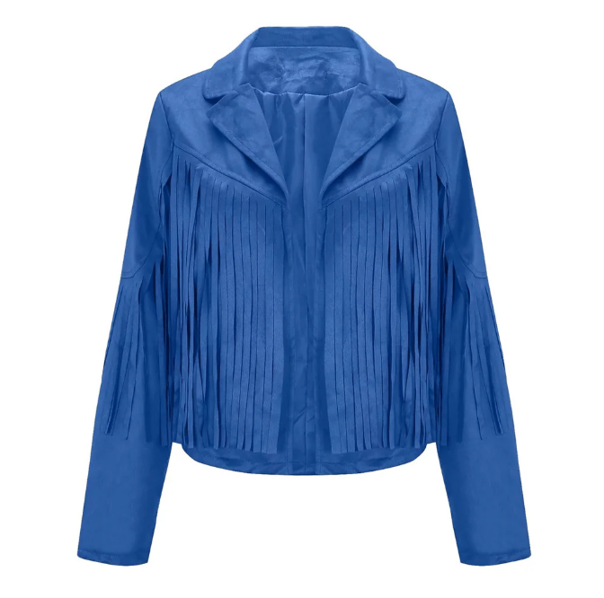 American Cowgirl Blue Leather Long Fringe Biker Jacket BWJ573