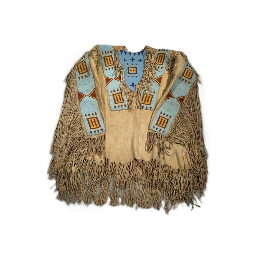 Traditional Native American vest with fringes and geometric patterns on a white background