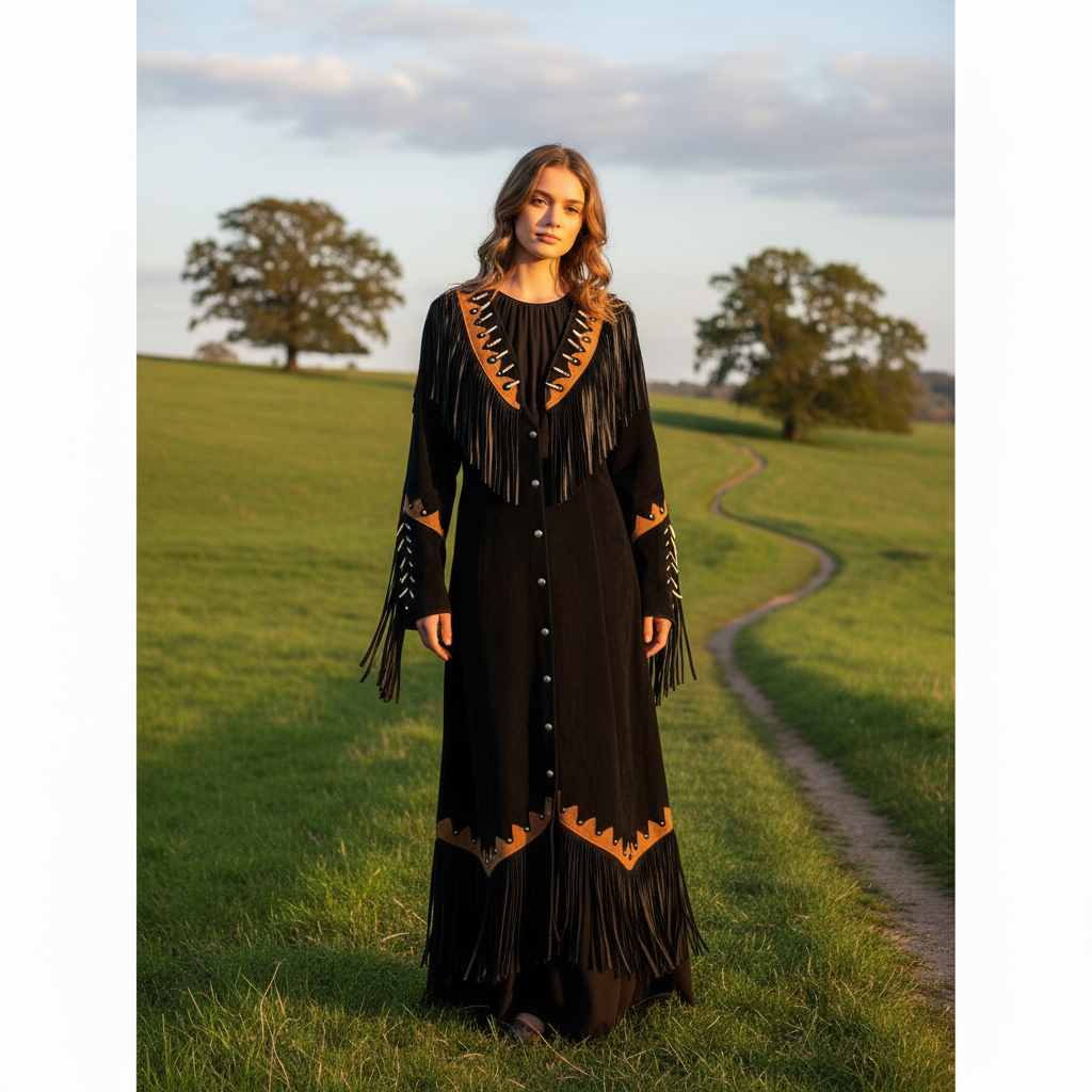 Western Buckskin Black Suede Leather Fringe Long Dress With Bones For Woman