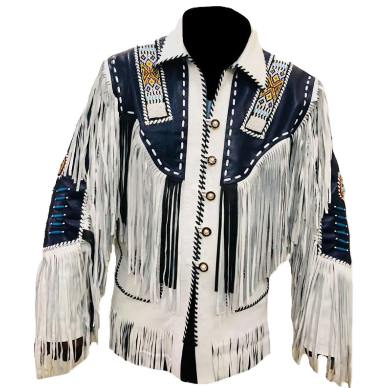 Native American Beaded White Leather Jacket for Men PWJ2770