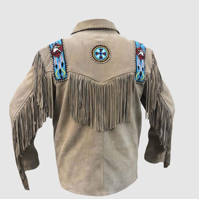 Native American Beaded Beige Suede Leather Jacket for Men PWJ2190