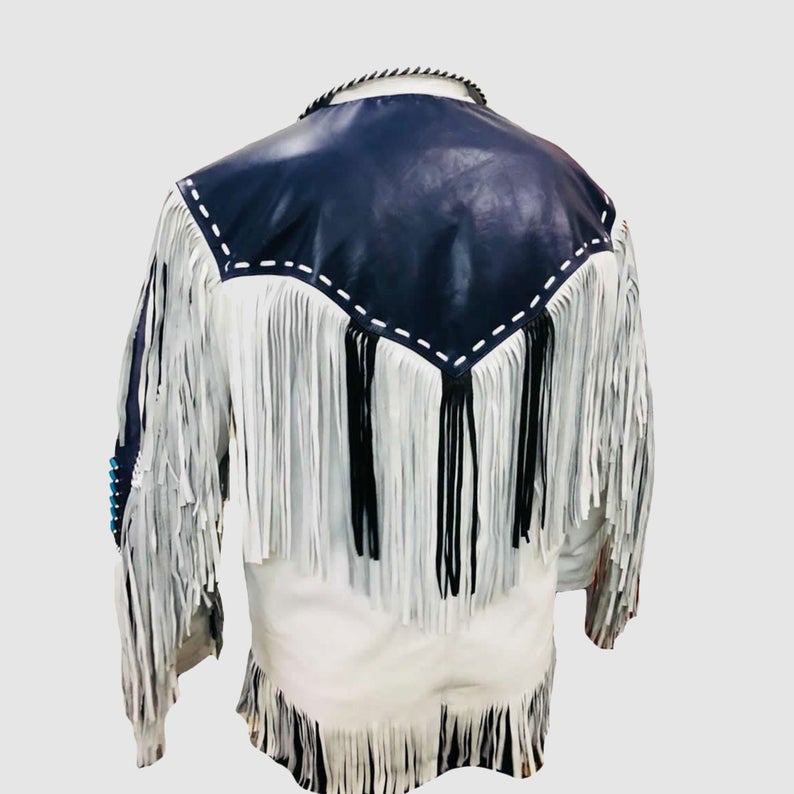 Native American Beaded White Leather Jacket for Men PWJ2770