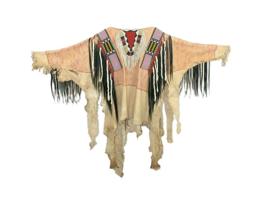 Traditional Native American garment with fringes and beadwork on a white background