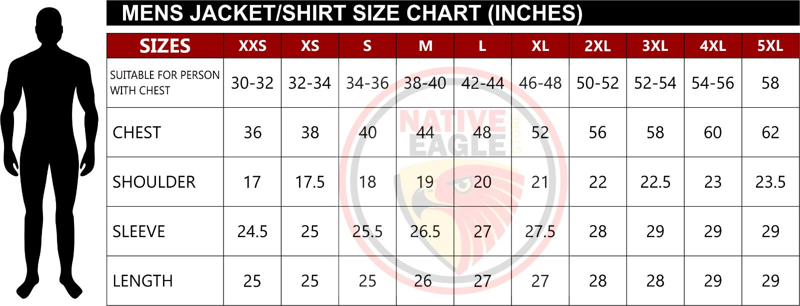 Mens jacket/shirt size chart with measurements in inches