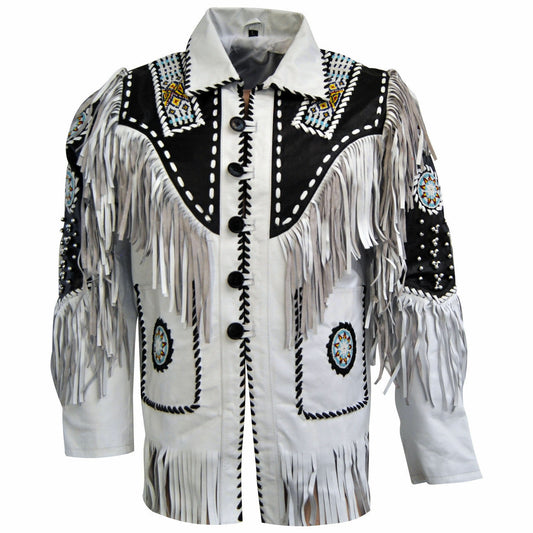 Native American Beaded White Leather Jacket for Men PWJ2760