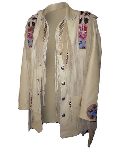 Native American Beaded Beige Leather Jacket for Men PWJ1206