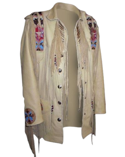 Native American Beaded Beige Leather Jacket for Men PWJ1206