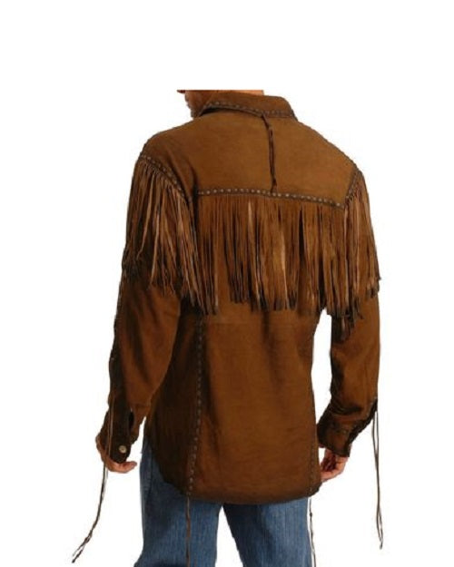 Men's Brown Buckskin Suede Leather Mountain Man Fringe Pullover Shirt MMS108