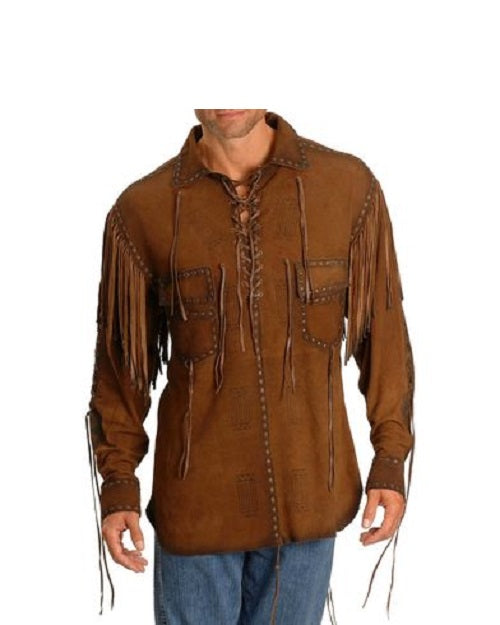 Men's Brown Buckskin Suede Leather Mountain Man Fringe Pullover Shirt MMS108