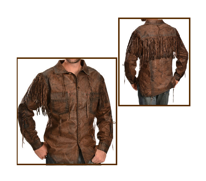 Men's Brown Buckskin Leather Hide Mountain Man Fringe Pullover Shirt MMS109