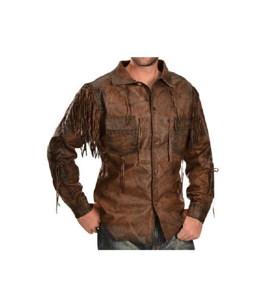 Men's Brown Buckskin Leather Hide Mountain Man Fringe Pullover Shirt MMS109