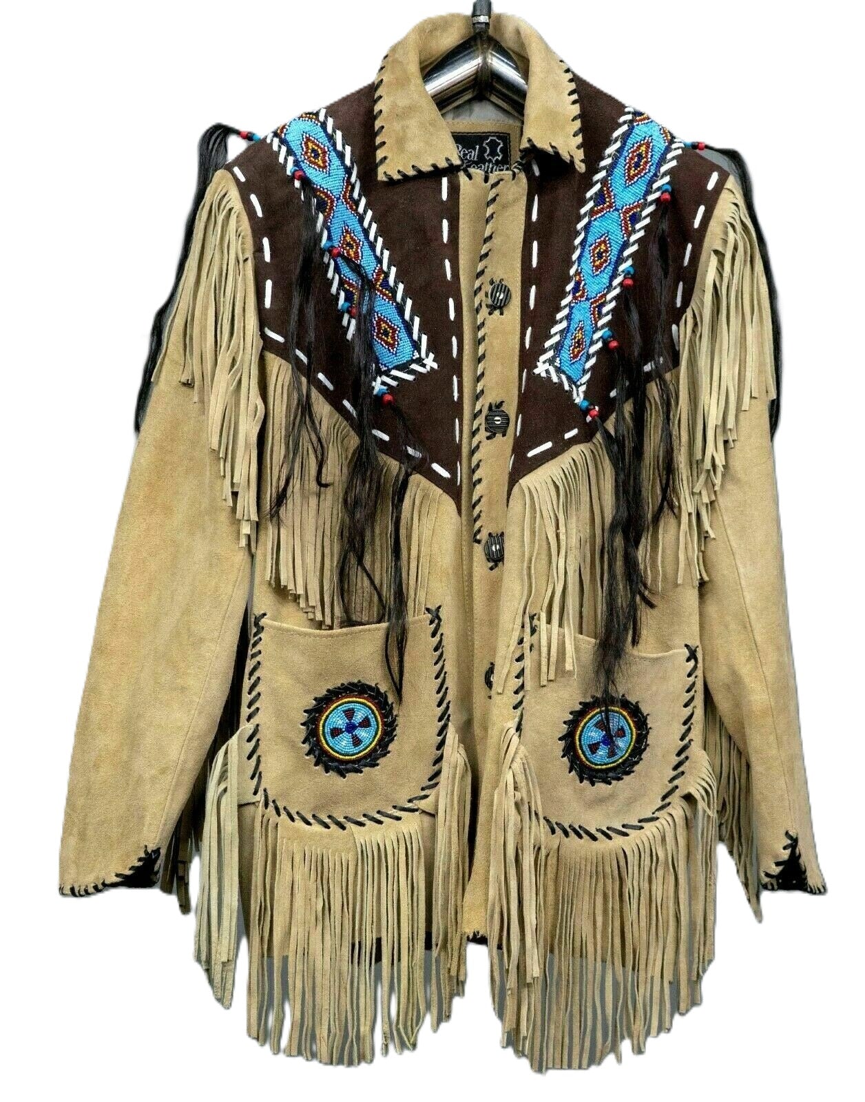 Native American Beaded Brown Suede Leather Jacket for Men PWJ2071