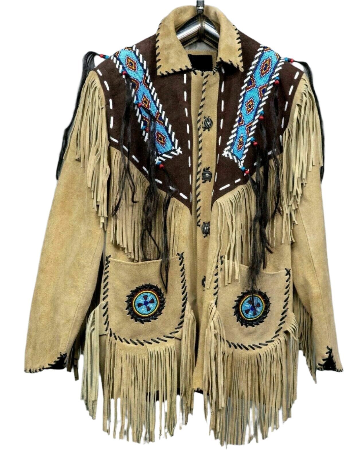 Native American Beaded Beige Suede Leather Jacket for Men PWJ2070