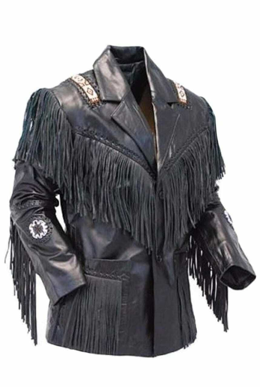 Native American Beaded Black Leather Jacket for Men PWJ1500