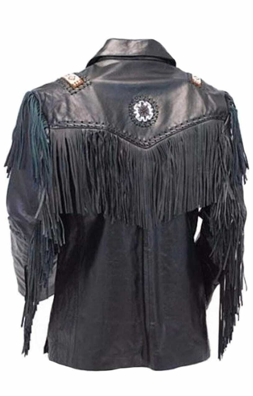 Native American Beaded Black Leather Jacket for Men PWJ1500