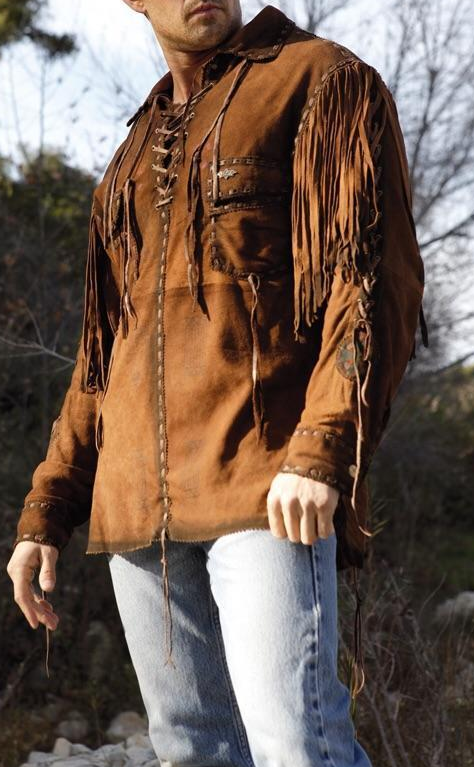 Men's Brown Buckskin Suede Leather Mountain Man Fringe Pullover Shirt MMS113