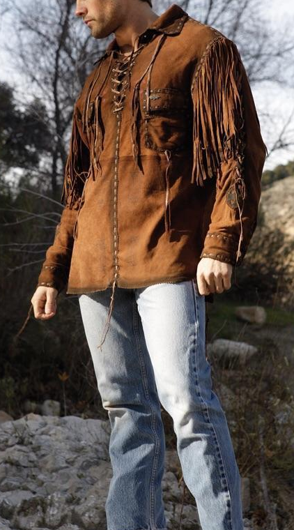 Men's Brown Buckskin Suede Leather Mountain Man Fringe Pullover Shirt MMS113