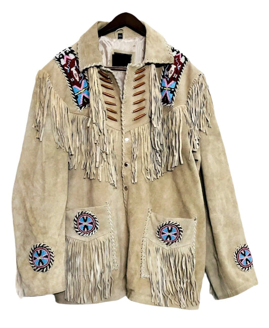 Native American Beaded Beige Suede Leather Jacket for Men PWJ2080