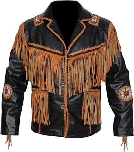 Native American Beaded Black Leather Jacket for Men PWJ1490