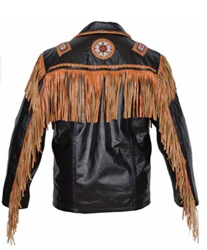 Native American Beaded Black Leather Jacket for Men PWJ1490