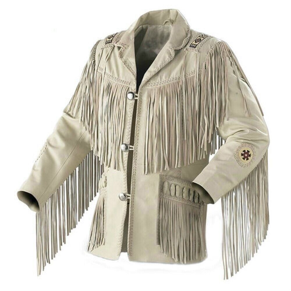 Native American Beaded Beige Suede Leather Jacket for Men PWJ2090