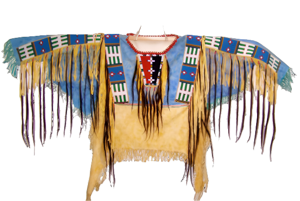 Colorful Native American-style garment with fringes on a white background