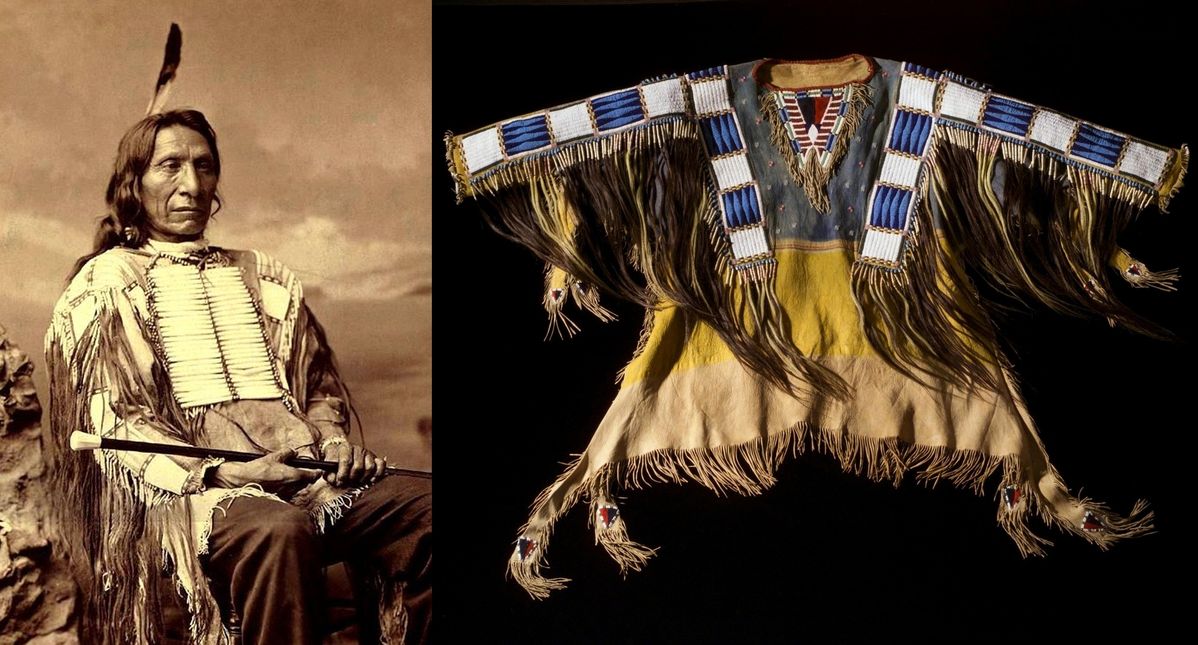 Side-by-side images of a Native American man and a traditional garment with fringes and blue accents.