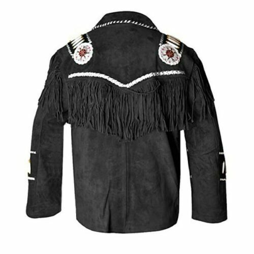 Native American Beaded Black Suede Leather Jacket for Men PWJ1430