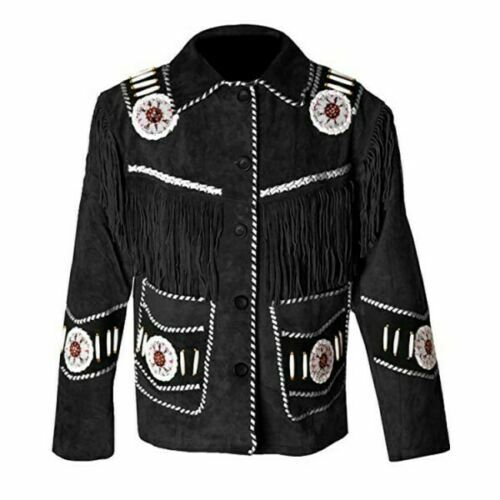 Native American Beaded Black Suede Leather Jacket for Men PWJ1430