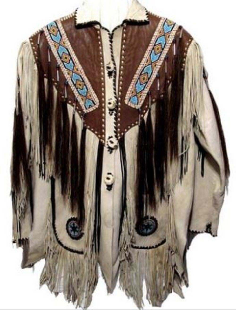 Native American Beaded Beige Suede Leather Jacket for Men PWJ2100